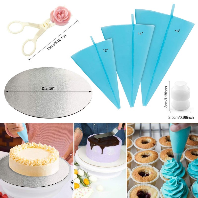 Miecux Cake Decorating kit - Cake Turntable and 10 inch Cake Board,2 Icing Spatula 3 Cake Scrapers,Cake Brush,Cake Flower Lifter,Cake Pen,3 Pastry Bags 24 Stainless Icing Tip 6 Piping Tip Couplers - Image 3